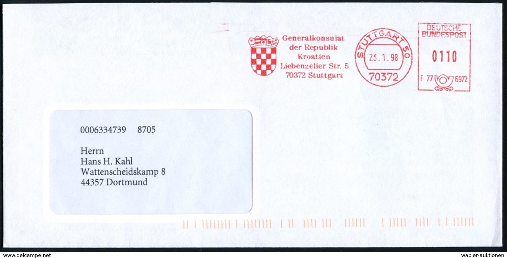 1998 70372 STUTTGART 50, Absender-Freistempel: Genralkonsulat Der Republik Kroatien (seit Den Balkankriegen Ab 1991 Unab - Other & Unclassified