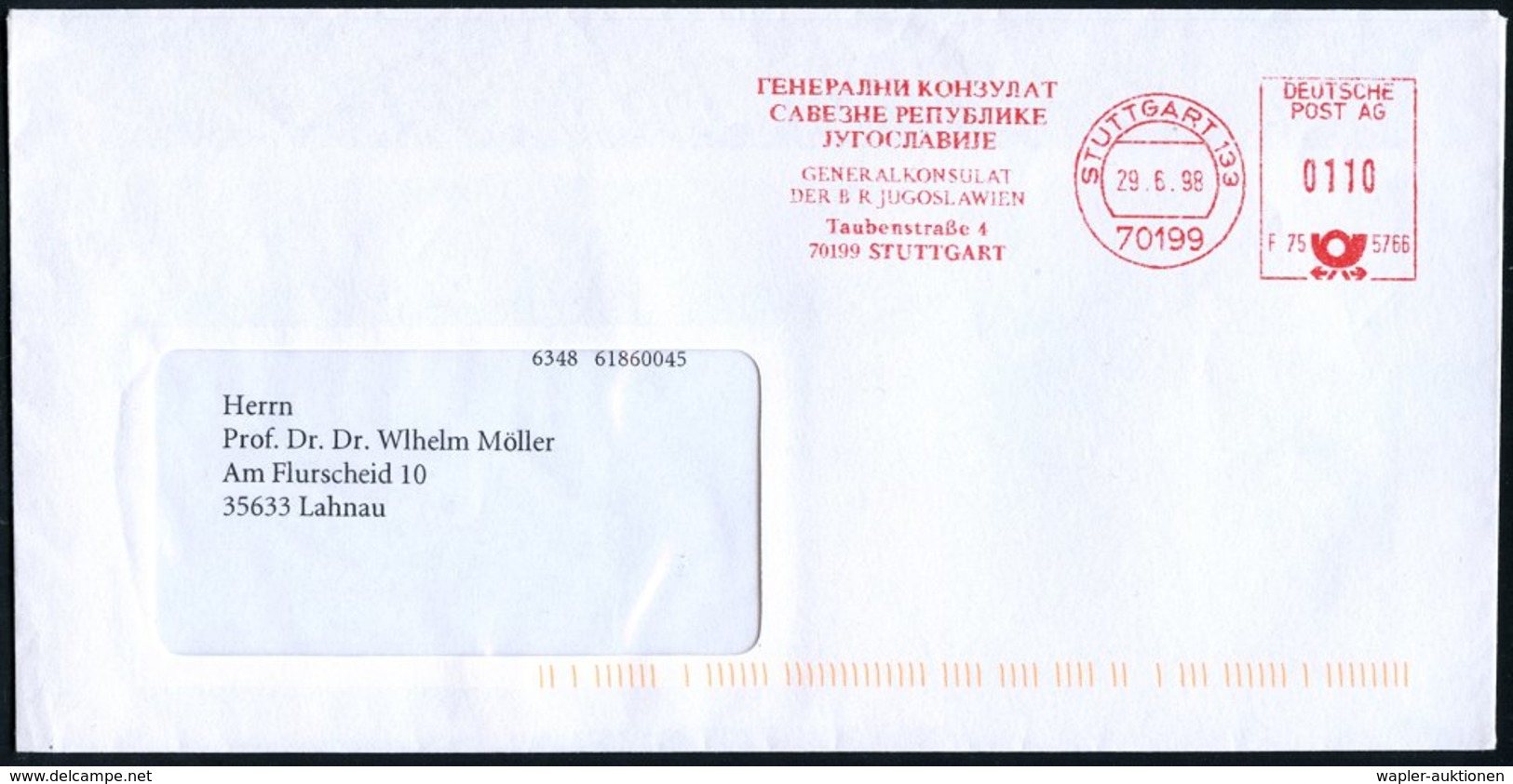 1998 70199 STUTTGART 133, Zweisprachiger Absender-Freistempel: Genralkonsulat Bundes-Republik Jugoslawien (Auflösung 200 - Other & Unclassified