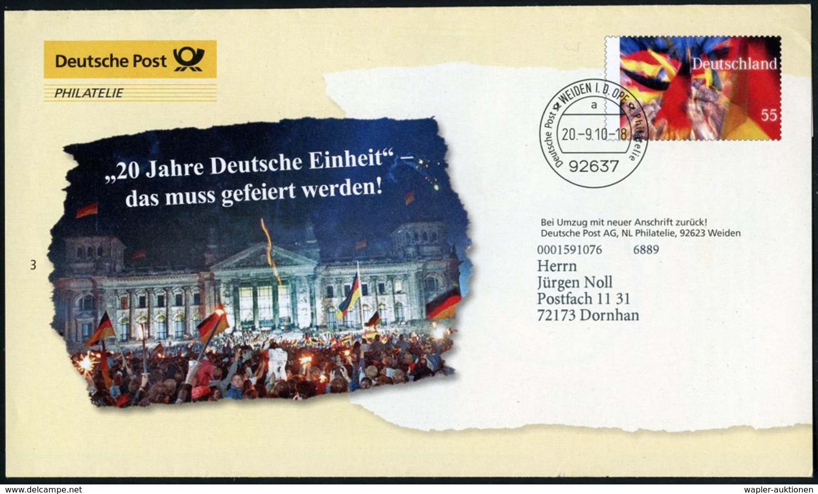2010 92637 WEIDEN OPF., 55 C. "20 Jahre Deutsche Einheit" (Reichstag) Buchdruck-Stempel, Inl.-Brief - Wiedervereinigung  - Other & Unclassified