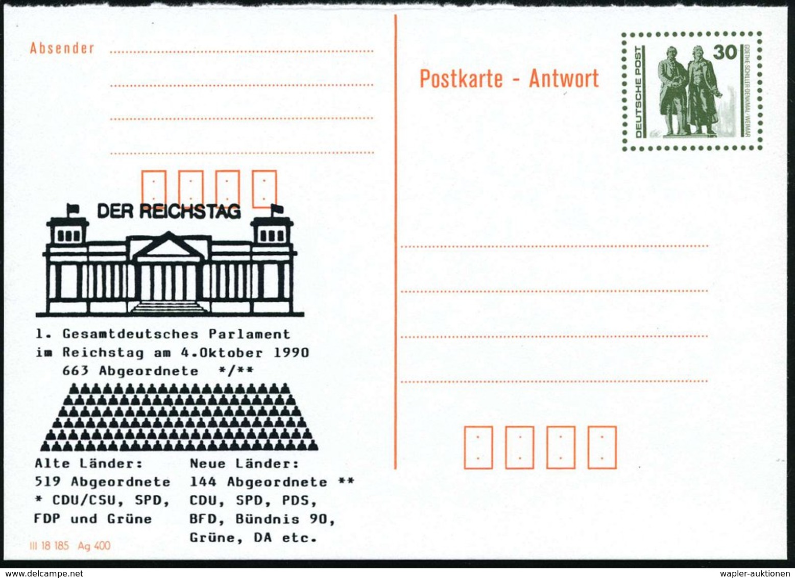1990 (4.10.) DDR (VGO), 30 Pf. Amtl. Ganzsache Goethe/ Schiller "Antwort" + Zudruck: 1. Gesamtdeutsches Parlament (Reich - Other & Unclassified
