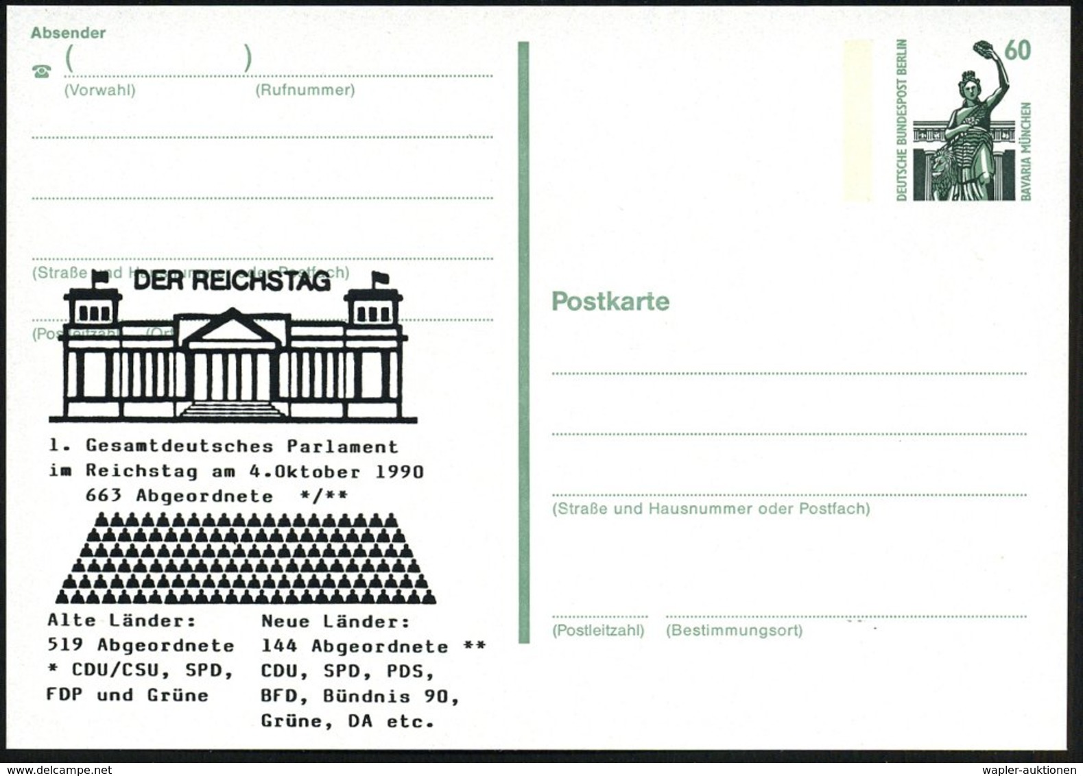 1990 (4.10.) BERLIN, 60 Pf. Amtl. Ganzsache Bavaria + Zudruck: Gesamtdeutsches Parlament Am 4. Okt. 1990, 663 Abgeordnet - Other & Unclassified