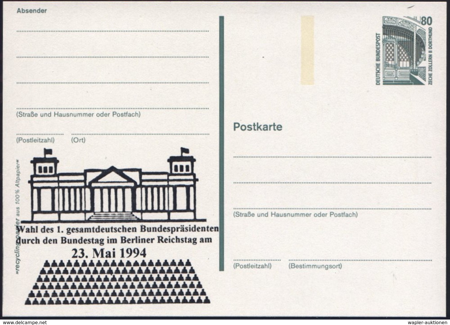 1994 (23.5.) BRD, 80 Pf. Amtl. Ganzsache Bauwerke + Zudruck: Wahl Des 1. Gesamtdeutschen Bundespräsidenten.. Im Berliner - Other & Unclassified