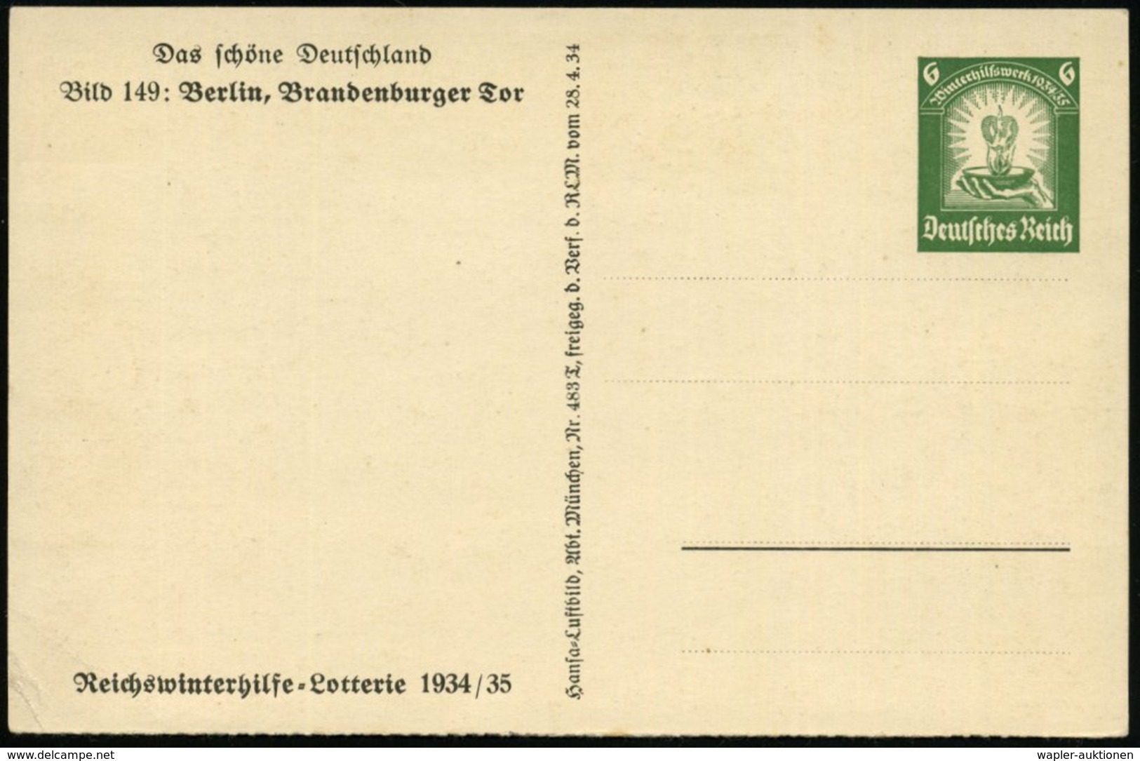 1934 Berlin, 6 Pf. Bild-Ganzsache WHW-Lotterie: Brandenburger Tor (Luftbild Mit Französ. U. US-Botschaft, Max-Liebermann - Autres & Non Classés