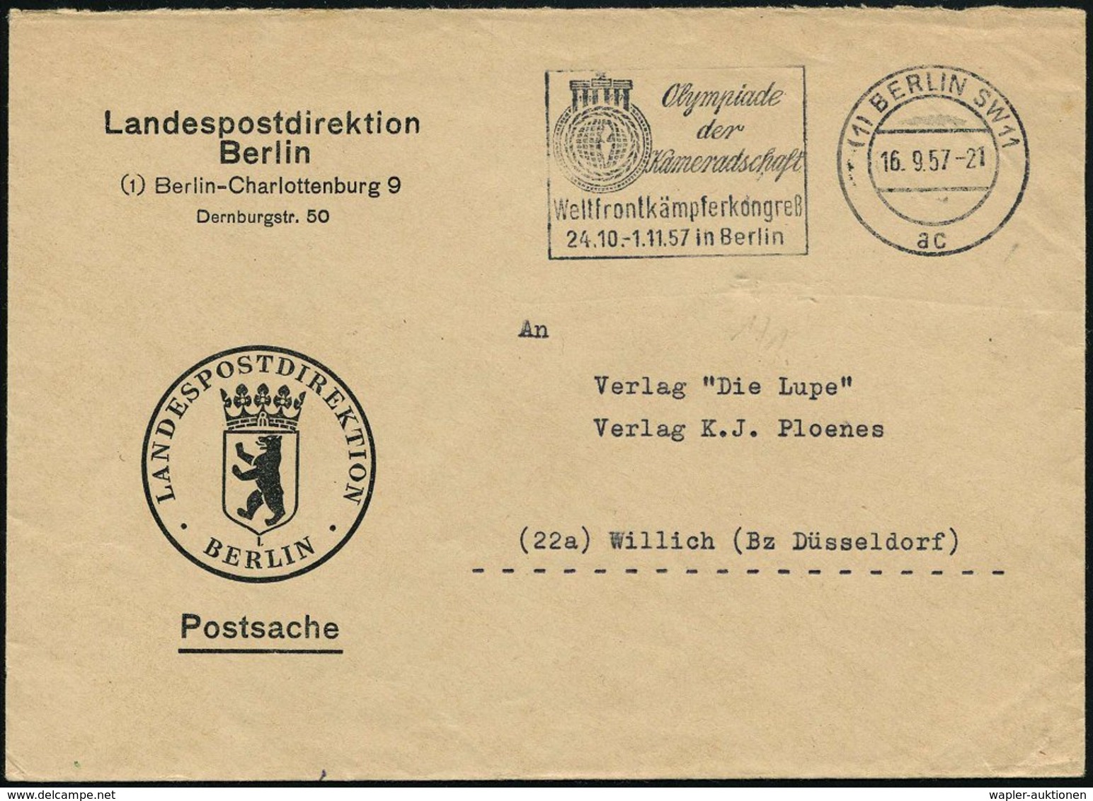 1957 (1) BERLIN SW 11, Maschinen-Werbestempel: Olympiade Der Kameradschaft, Weltfrontkämpferkongreß (Brandenburger Tor)  - Andere & Zonder Classificatie