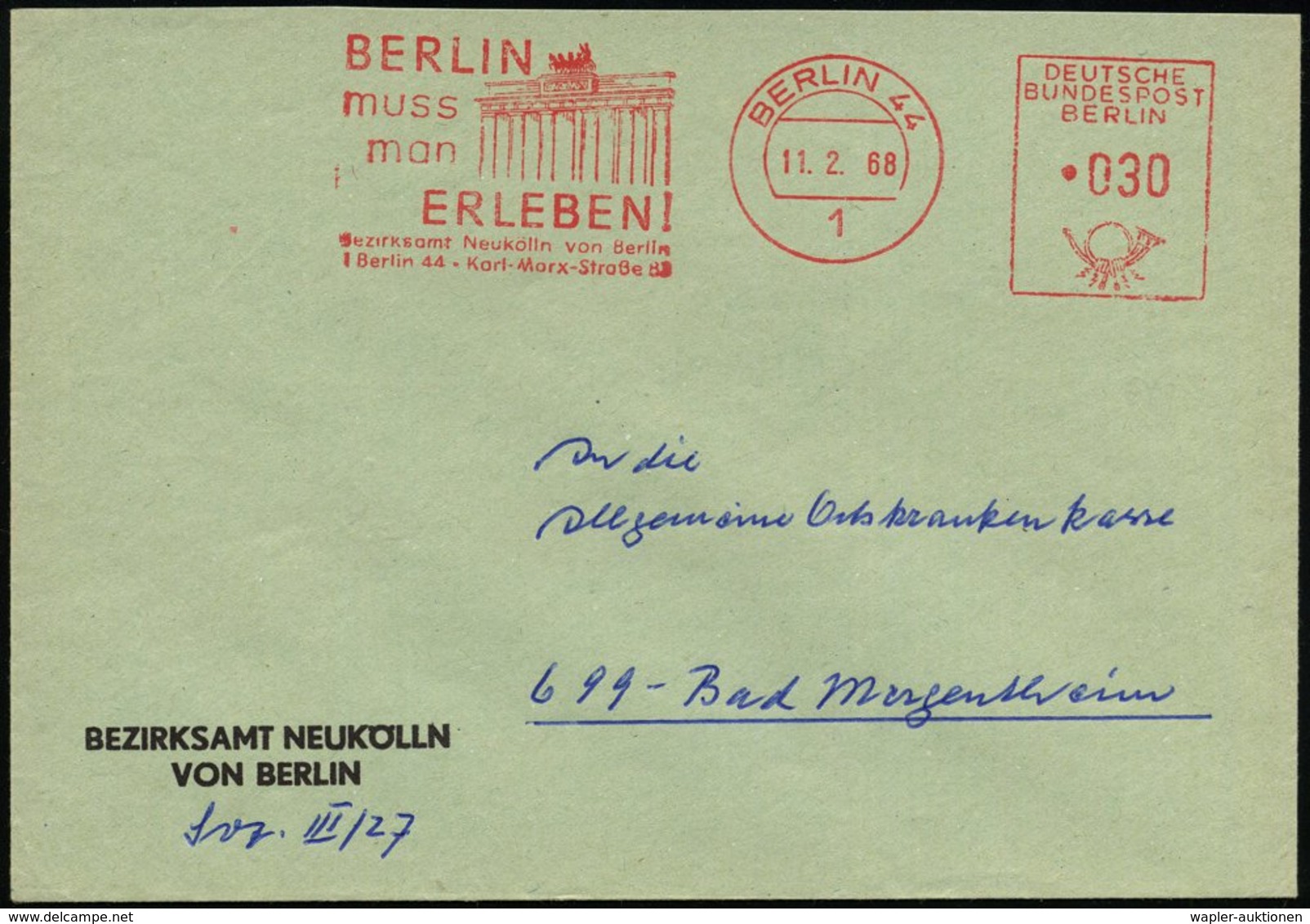 1968 (11.2.) 1 BERLIN 44, Kommunaler Absender-Freistempel Neukölln = Brandenburger Tor, Kommunalbrief (Ortsstempel Mitti - Autres & Non Classés