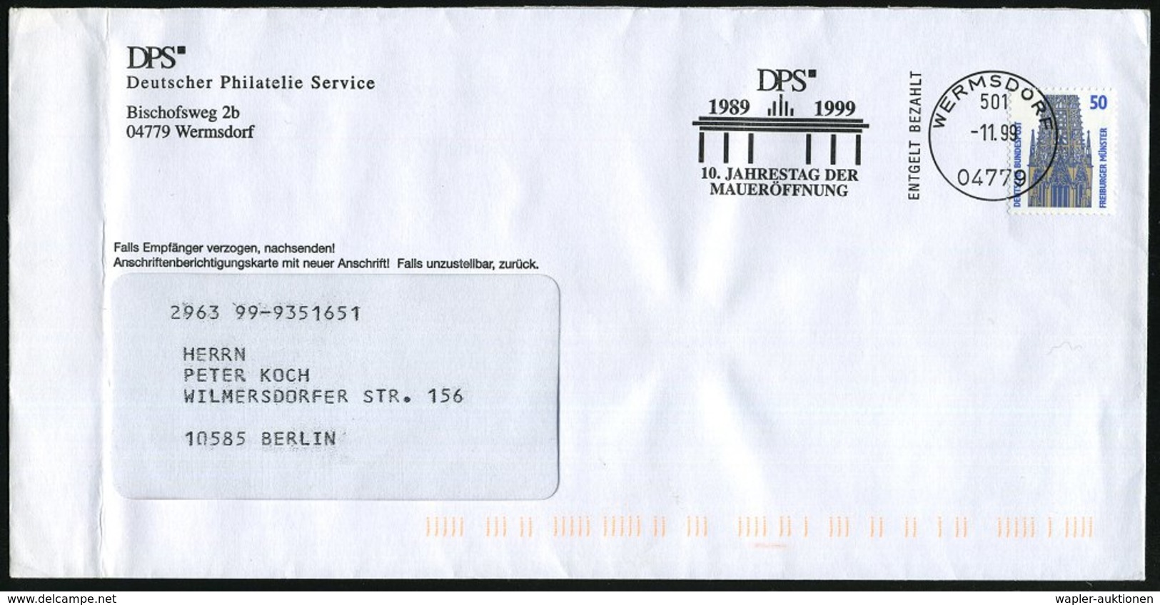 1999 (Nov.) 04779 WERMSDORF/ 501, Absenderstempel (= Vorausentwerting): DPS "10. Jahrestag Maueröffnung" = Brandenbg. To - Other & Unclassified