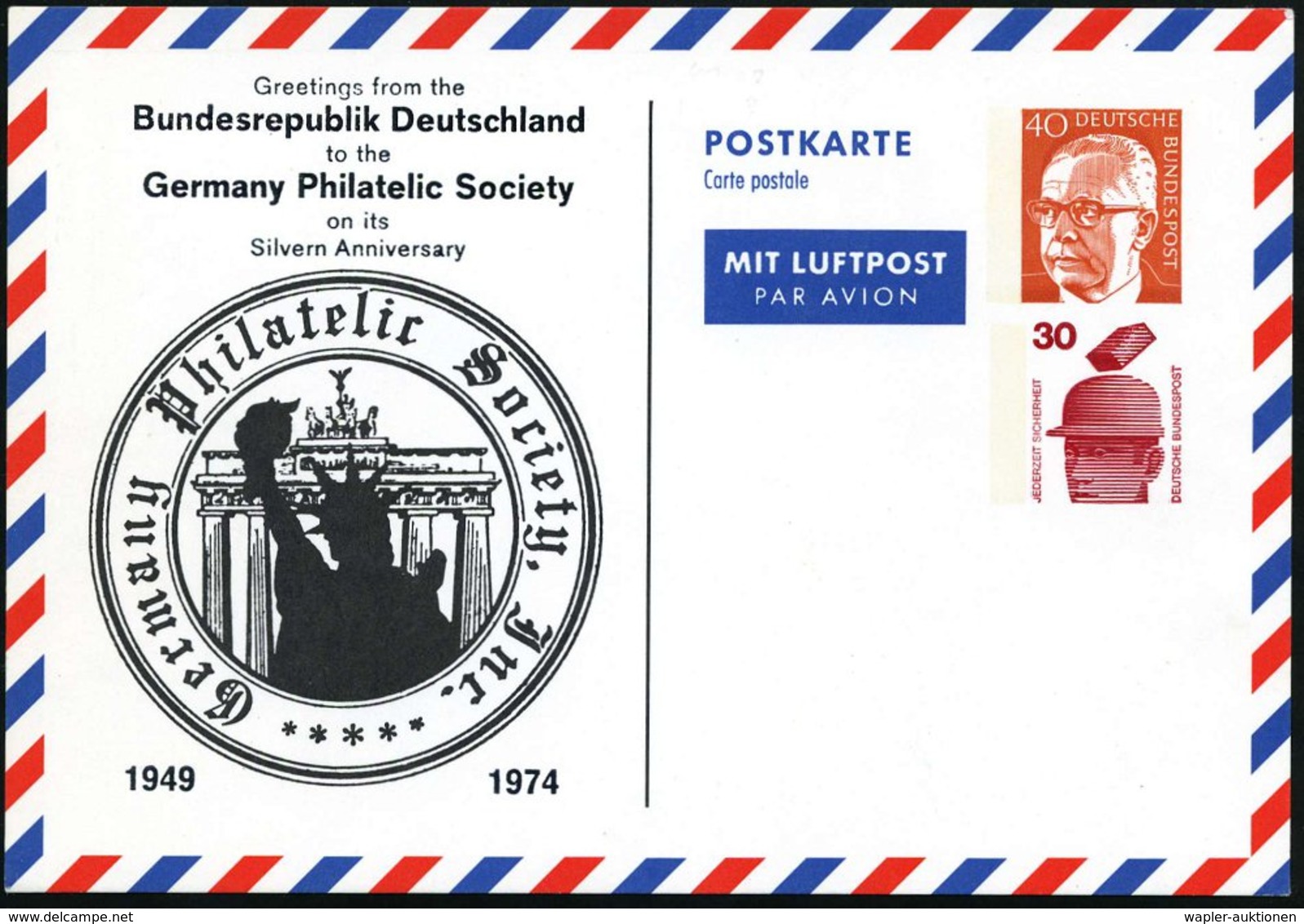 1974 B.R.D., LPP 40 Pf. Heinemann + 30 Pf. Unfall: German Philatelic Society: Brandenbg. Tor Und Liberty Statue, Ungebr. - Other & Unclassified