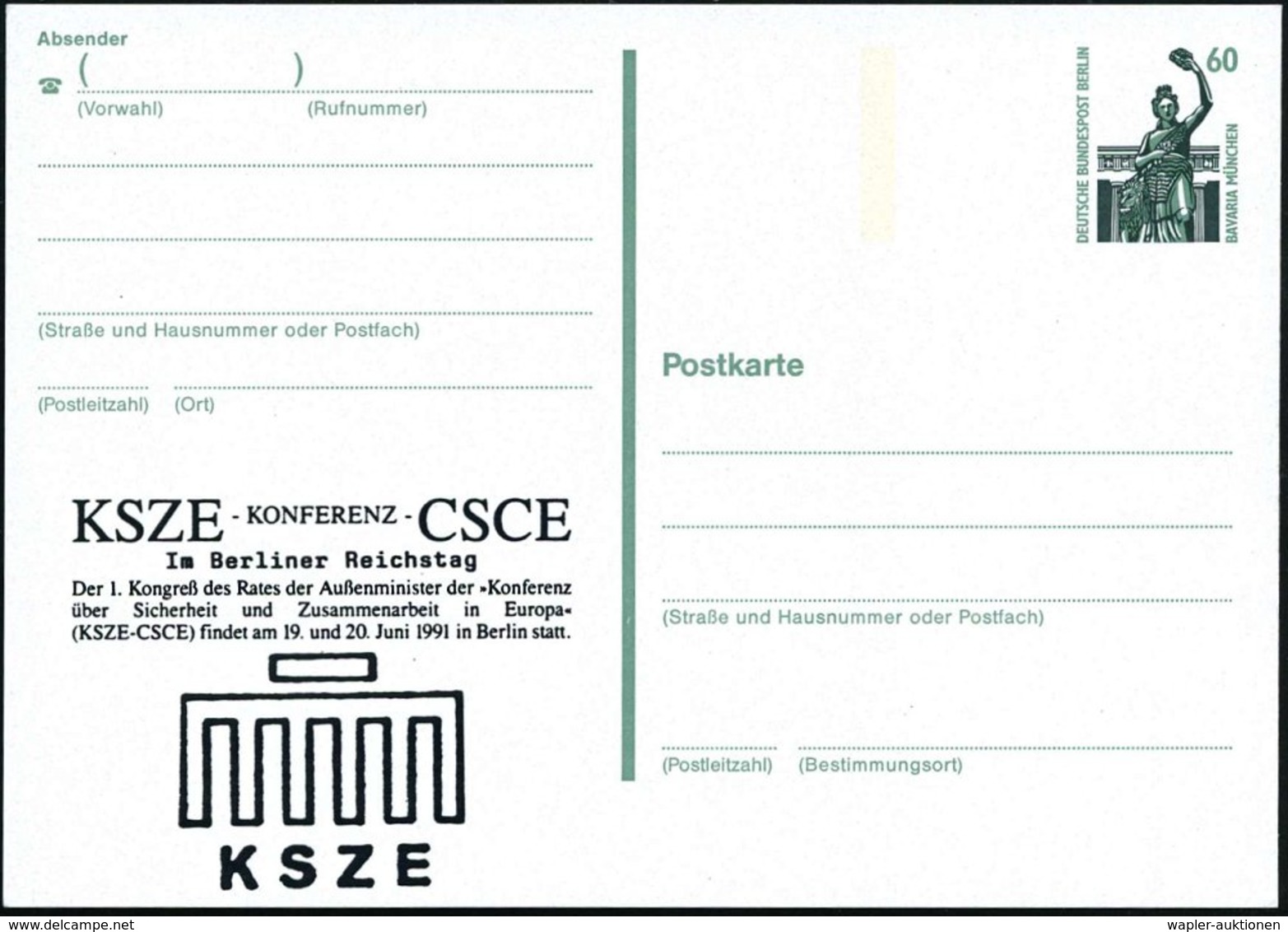 1990 B.R.D., 60 Pf. Bavaria, Amtl. Ganzsache + Zudruck: KSZE-Konferenz Im Berliner Reichstag ( = Stilis. Brandenbg. Tor) - Other & Unclassified