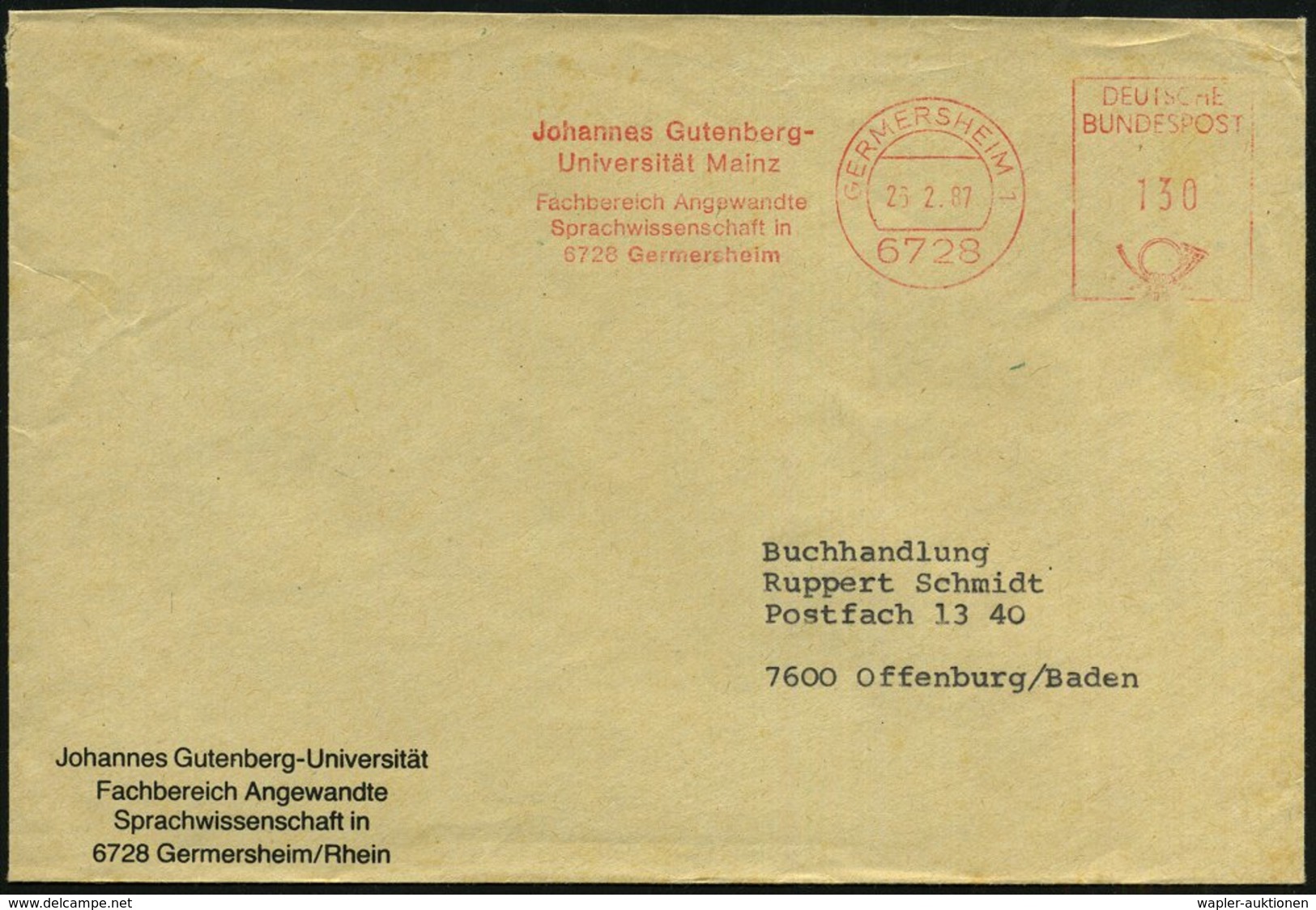 1987 (26.2.) 6728 GERMERSHEIM, Absender-Freistempel: Johannes Gutenberg-Universität Mainz (Sprachwissenschaft), Fernbrie - Other & Unclassified