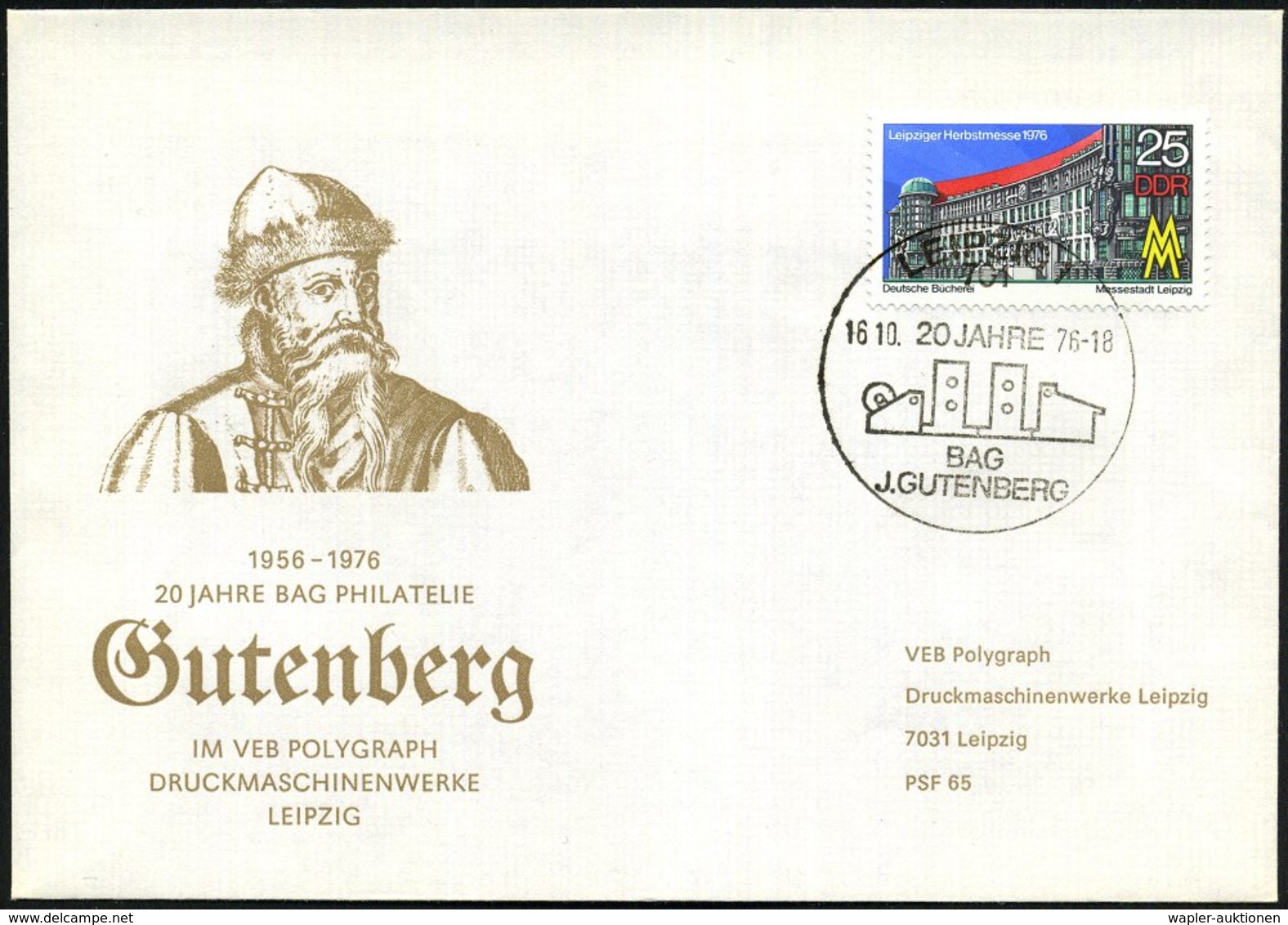 1976 (16.10.) 701 LEIPZIG 1, Sonderstempel: 20 JAHRE BAG GUTENBERG (= Offset-Druckmaschine) Auf 25 Pf. Deutsche Biblioth - Other & Unclassified