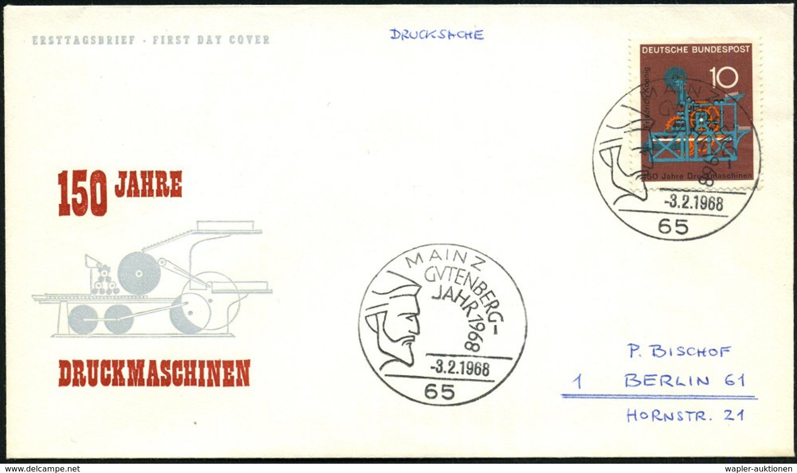 1968 (3.2.) 65 MAINZ, Sonderstempel: GUTENBERG-JAHR (Profilkopf Gutenberg) Auf Passender Frankatur 10 Pf. (Mi.546 EF) So - Other & Unclassified