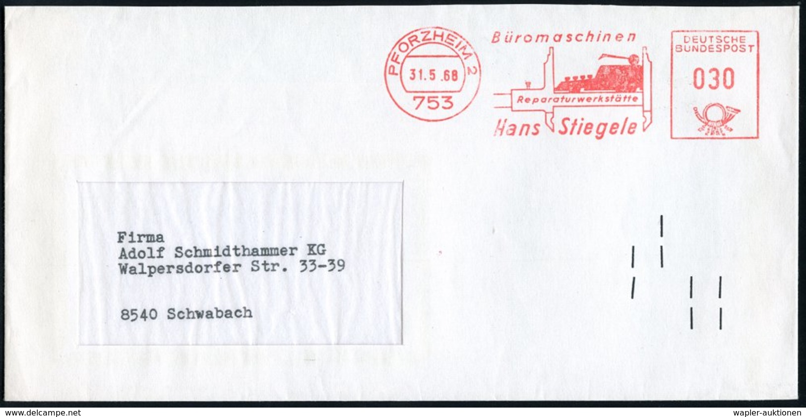 1968 (31.5.) 753 PFORZHEIM 2, Absender-Freistempel: Büromaschinen H. Stiegele = Schreibmaschine, Fernbrief + Schw. Matri - Other & Unclassified