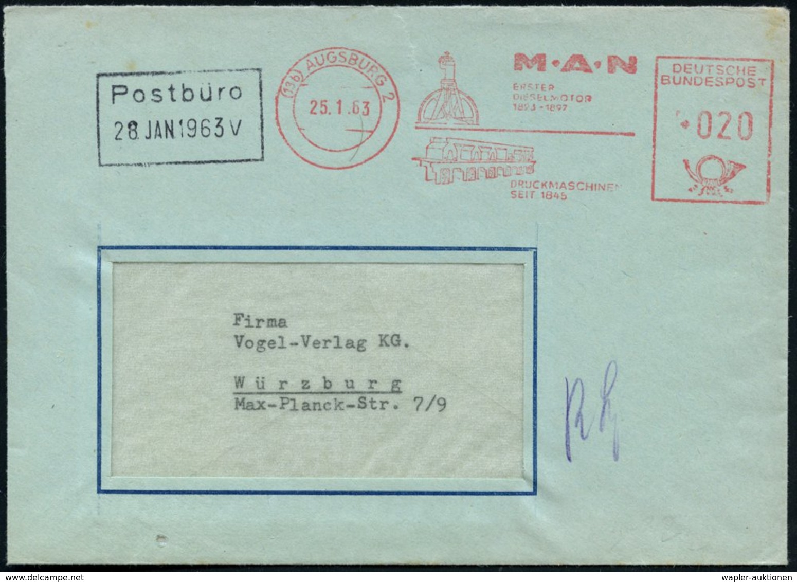 1963 (25.1.) (13 B) AUGSBURG 2, Absender-Freistempel M.A.N. = Erster Dieselmotor, Offset-Druckmaschine, Rs. Abs.-Vordruc - Other & Unclassified