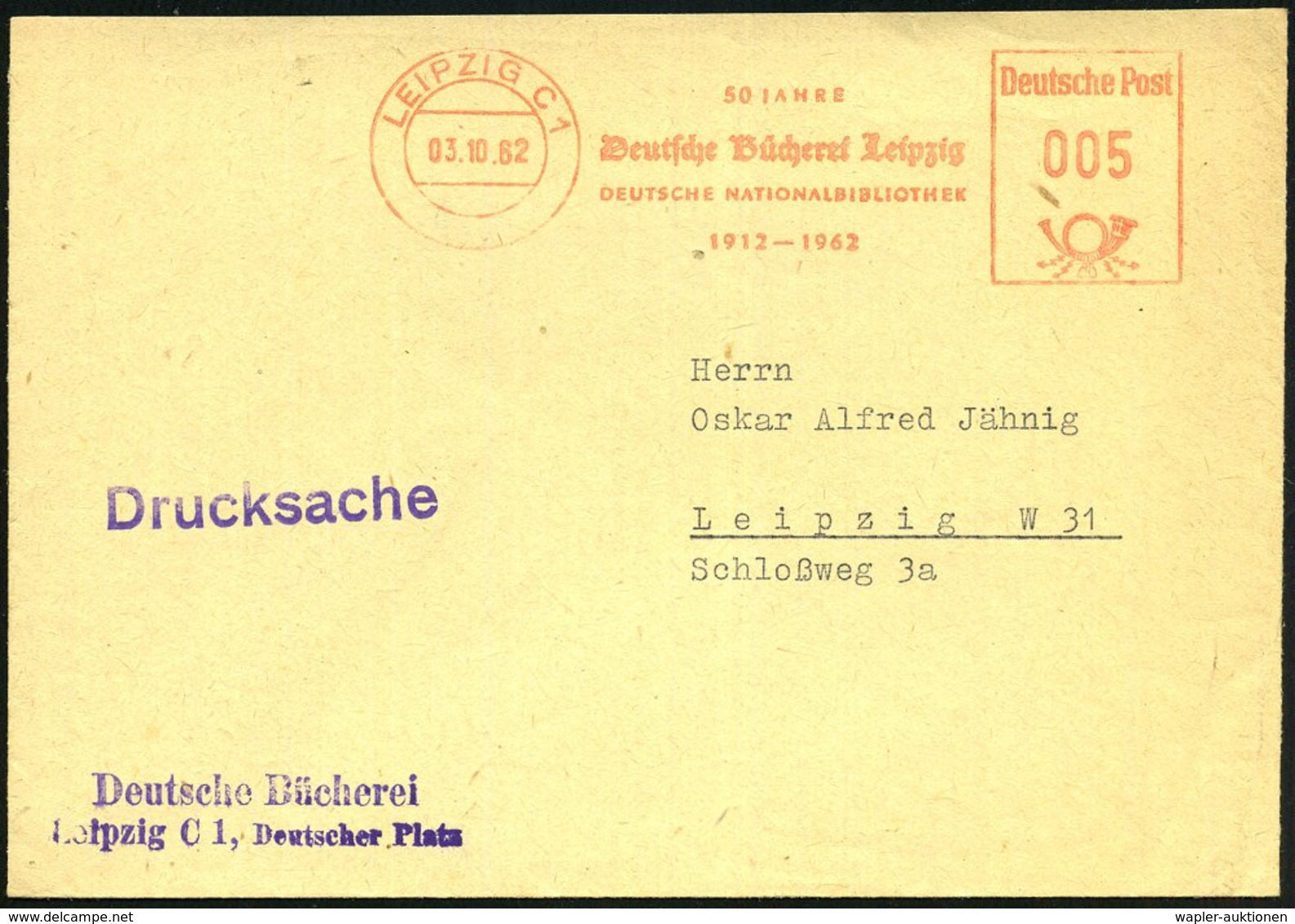 1962 (3.10.) LEIPZIG C 1, Jubil.-Absender-Freistempel: 50 JAHRE Deutsche Bücherei.. DEUTSCHE NATIONALBIBLIOTHEK (Bf. Feh - Other & Unclassified