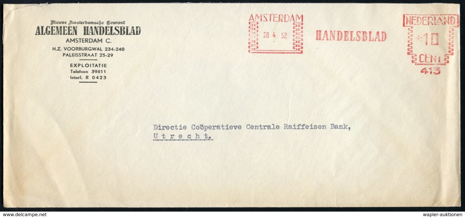 1952 (28.4.) NIEDERLANDE, Absender-Freistempel: HANDELSBLAD (= Zeitung), Inl.-Brief - Gutenberg, Druck, Papier, Buch & S - Other & Unclassified