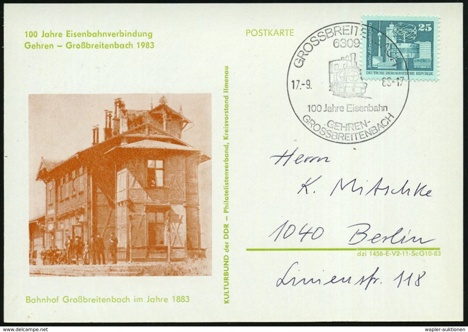 1983 (17.9.) 6309 GROSSBREITENBACH, Jubil.-Sonderstempel "100 Jahre Eisenbahn" (Dampflok) Auf Sonderkarte: Bahnhof Großb - Other & Unclassified