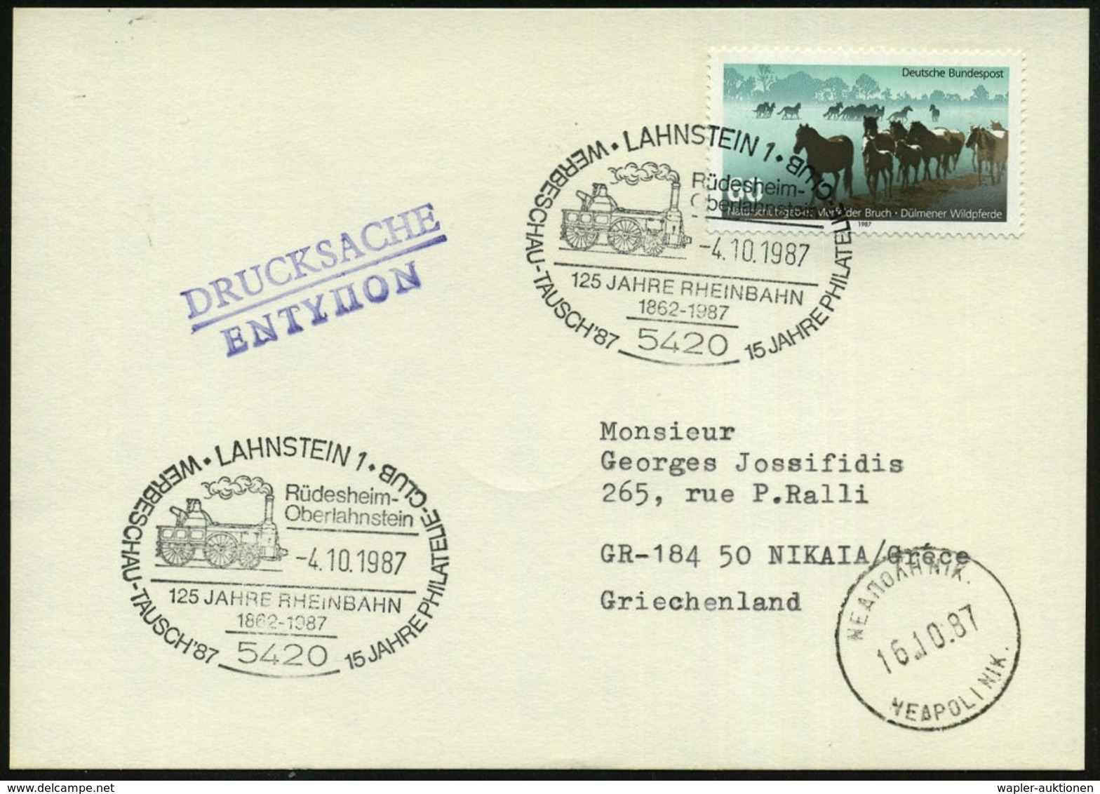 1987 (4.10.) 5420 LAHNSTEIN 1, Sonderstempel "125 JAHRE RHEINBAHN" = Borsig-Dampflok, Ausl.-Karte - Eisenbahn & Bahn-Pio - Other & Unclassified