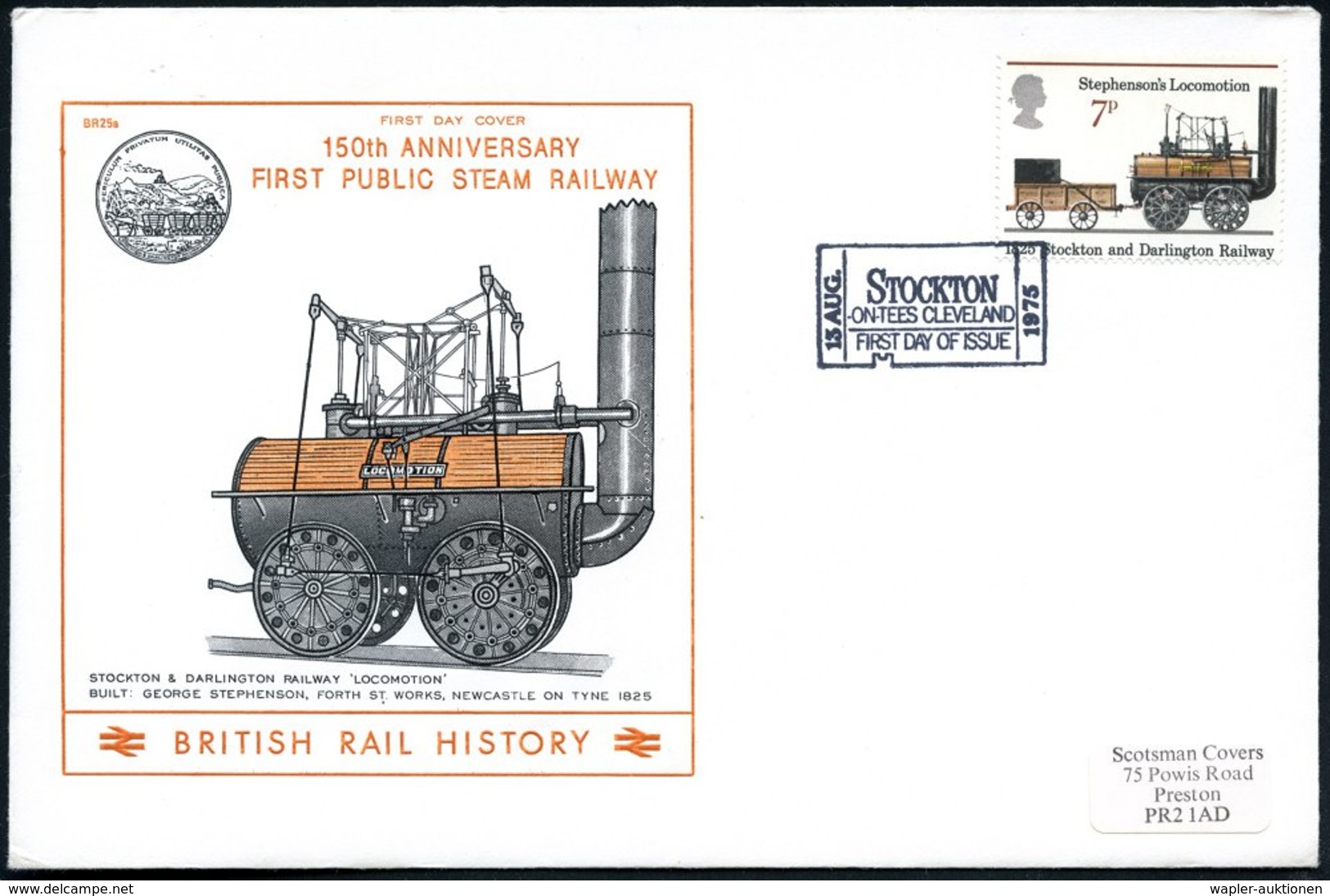 1975 (13.8.) GROSSBRITANNIEN, 7 P. "150 Jahre Stevenson-Lok" + Passender ET-Sonderstempel: STOCKTON-ON-TEES In Form Eine - Other & Unclassified