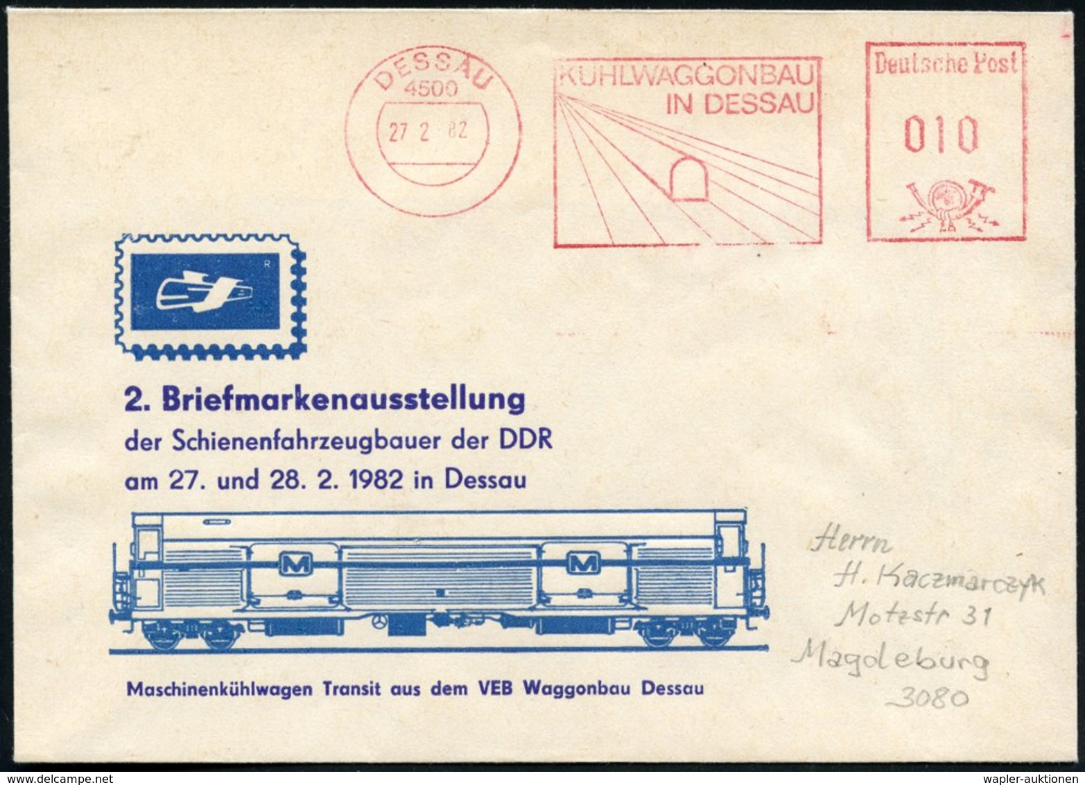 1982 (27.2.) 4500 DESSAU, Absender-Freistempel: KÜHLWAGGONBAU (stilis. Kühlwaggon) Auf Sonderumschlag Mit Kühlwaggon - E - Other & Unclassified