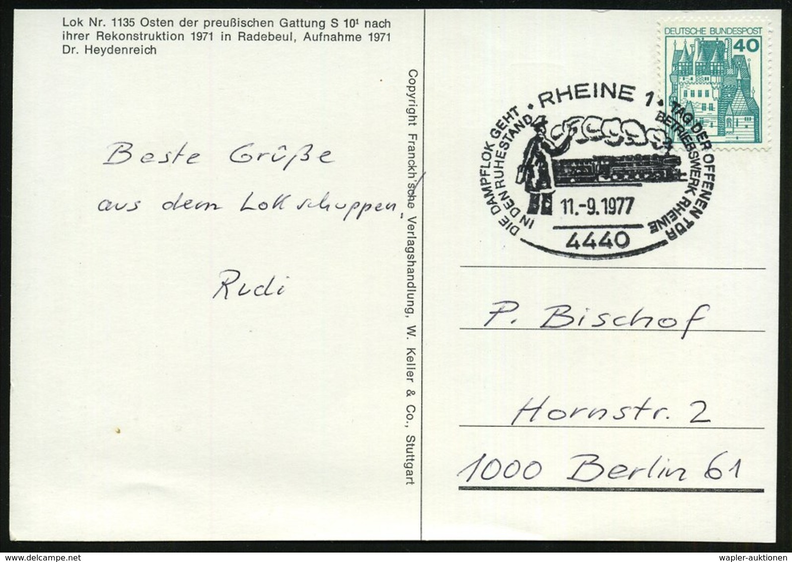 1977 (11.9.) 4440 RHEINE 1, Sonderstempel: DIE DAMPFLOK GEHT.. (Dampflok, Bahnschaffner) Color-Sonderkarte Lok Nr. 1135  - Sonstige & Ohne Zuordnung