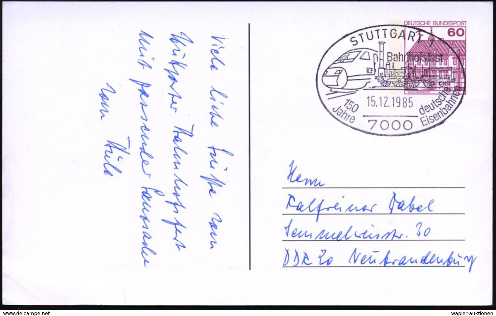 1985 (15.12.) 7000 STUTTGART 1, Sonderstempel: 150 Jahre Deutsche Eisenbahn = Lok "Adler" U. ICE-Lok Auf PP 60 Pf. Burge - Other & Unclassified