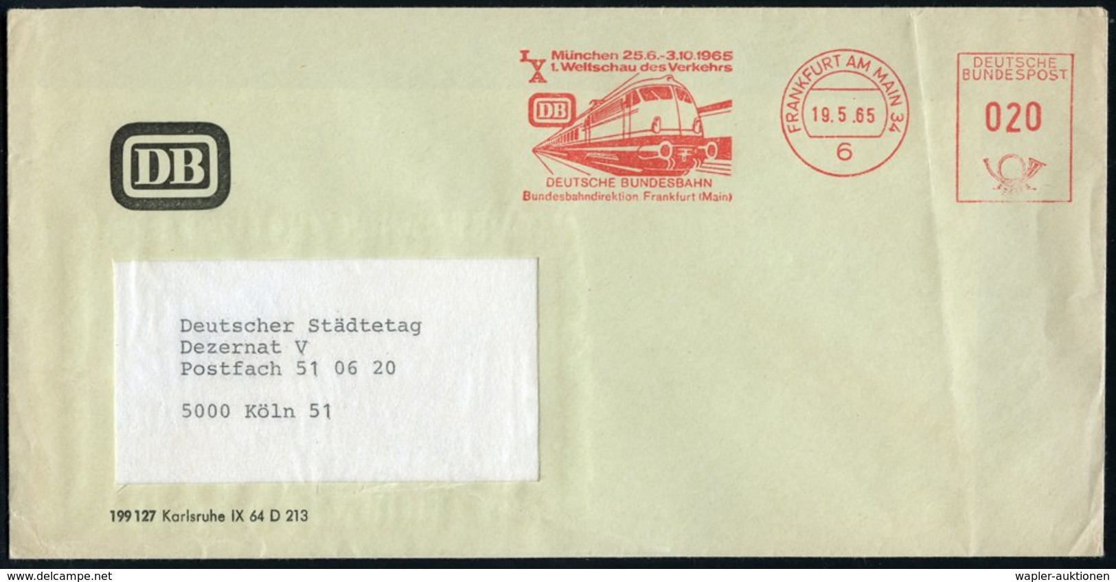 1965 (19.5.) 6 FRANKFURT AM MAIN 34, Sonder-Absender-Freistempel IVA 1. Weltschau Des Verkehrs (= E-Lok) DB-Dienstbrief  - Other & Unclassified