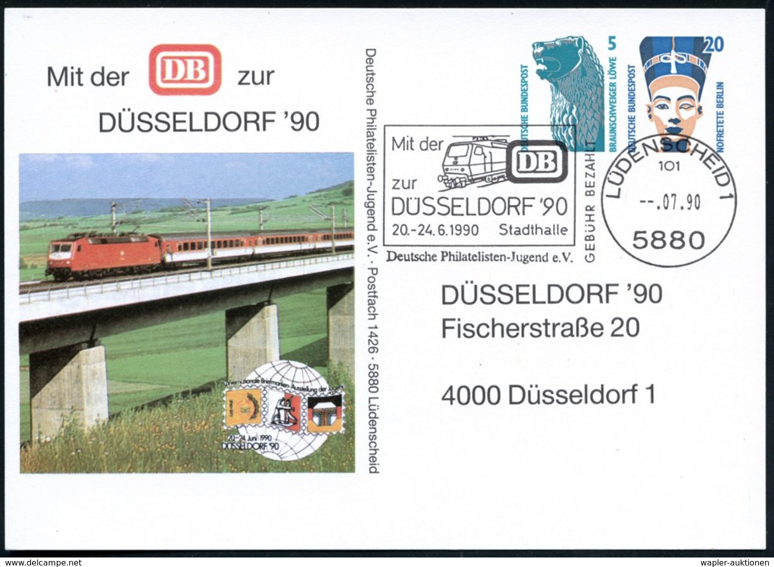 1990 (Juli) 5880 LÜDENSCHEID 1, Absendersatempel (= Vorausentwertung): Mit Der DB Zur DÜSSELDORF '90 = E-Lok Auf Passend - Other & Unclassified