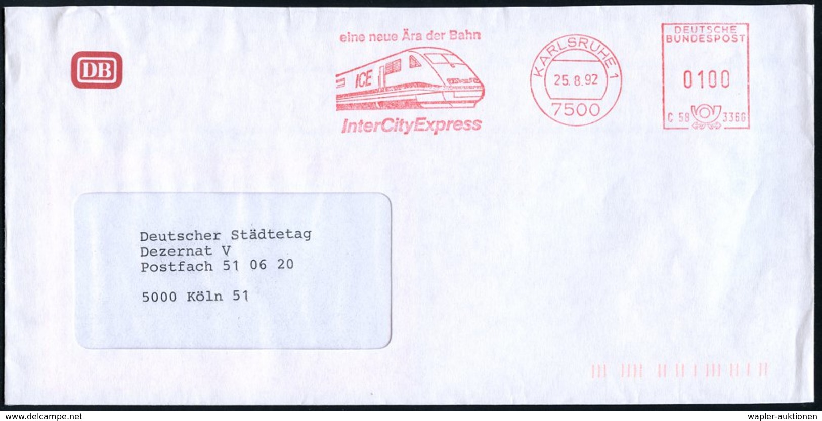 1992 7500 KARLSRUHE 1, Absender-Freistempel: Inter City Express = ICE-Lok, Bahn-Dienstbrief - Expresszüge, ICE & Tranrap - Other & Unclassified