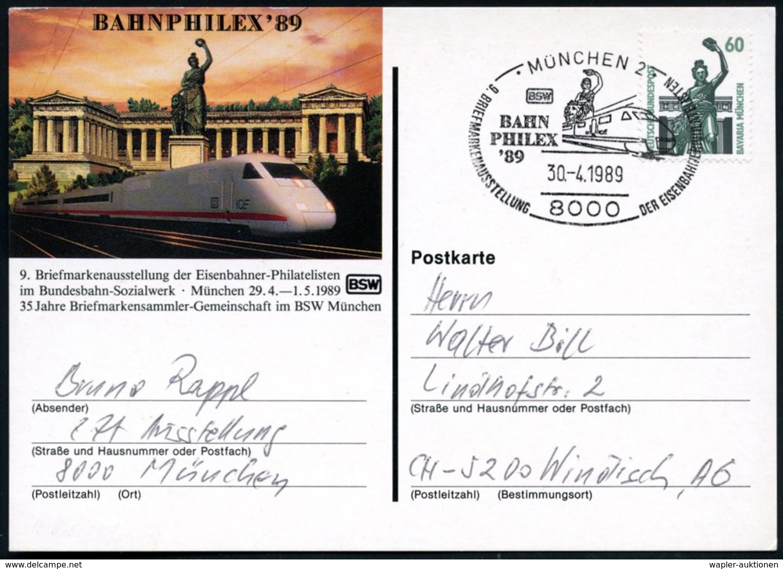 1989 (30.4.) 8000 MÜNCHEN 2, Sonderstempel "BAHNPHILEX '89" = ICE-Lok (u. Bavaria) Auf Passender Sonderkarte: BAHNPHILEX - Other & Unclassified