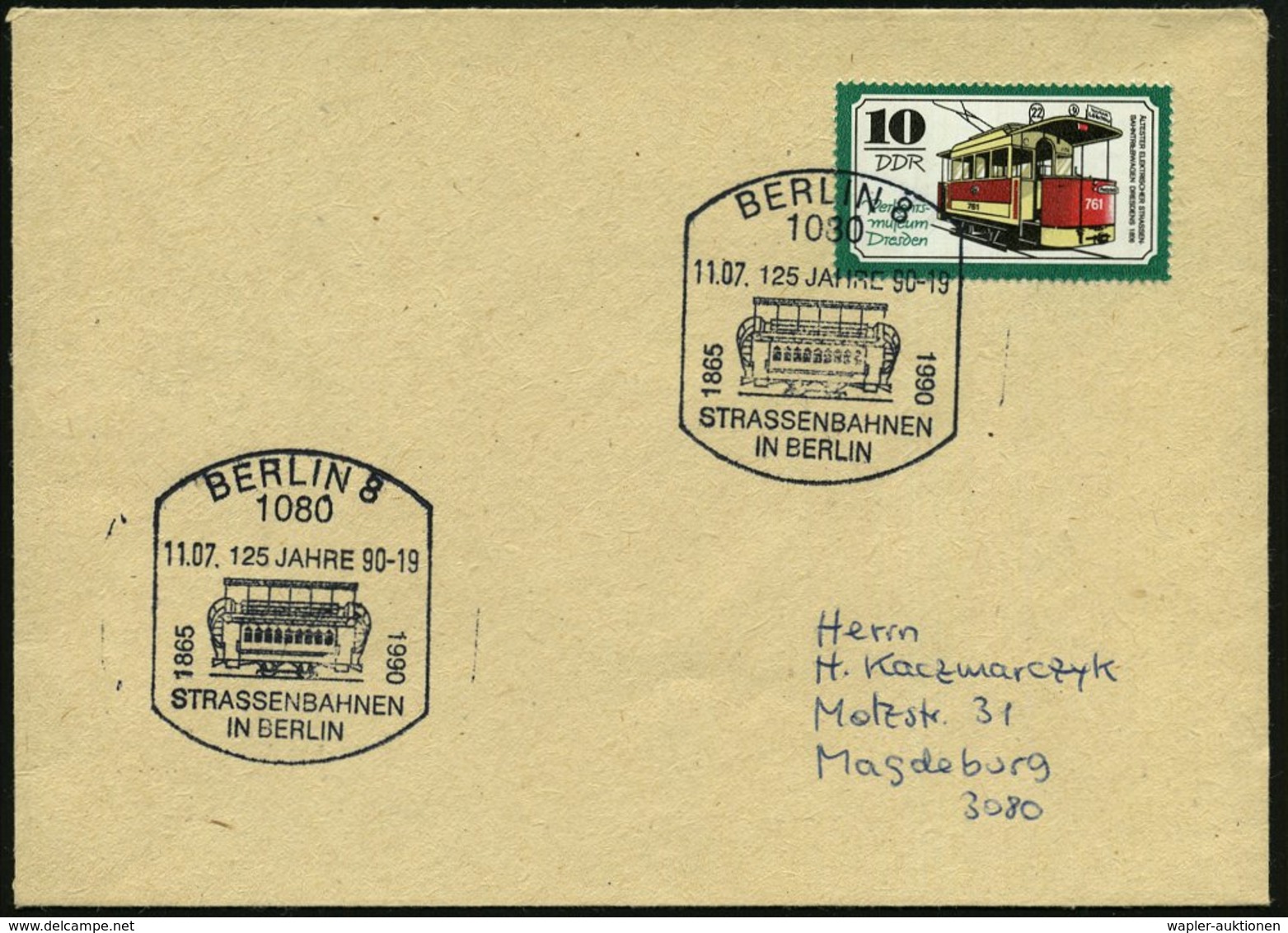 1990 (11.7.) 1080 BERLIN 8, Sonderstempel "125 Jahre Berliner Strassenbahnen" (histor. Tram) Auf Passender Frankatur 10  - Other & Unclassified
