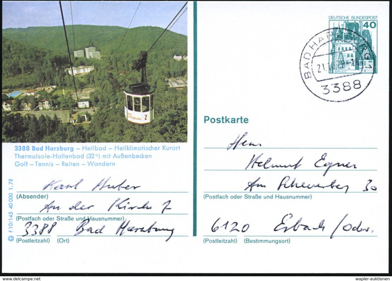 1979 3388 BAD HARZBURG 1, 40 Pf. Bildganzsache Burgen: Bad Harzburg Kurort.. Mit Golf, Tennis.. Wandern = Seilbahn + Ort - Other & Unclassified