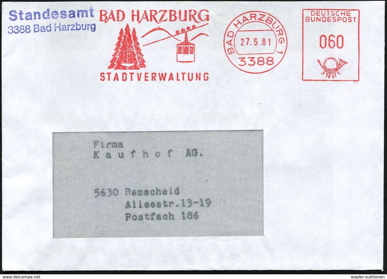 1981 3388 BAD HARZBURG 1, Kommunaler Absender-Freistempel Stadtverwaltung = Seilbahn, Fernbrief - Seil- & Bergbahnen / C - Other & Unclassified