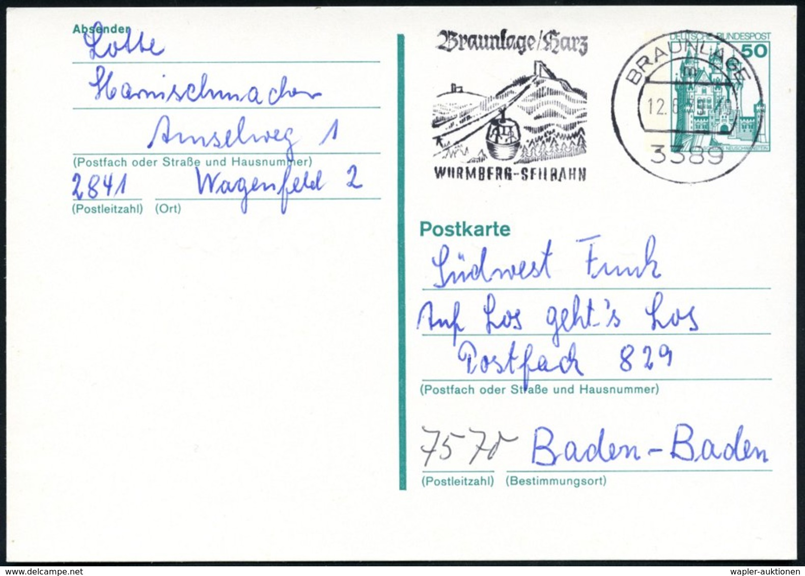 1979 3389 BRAUNLAGE, Maschinen-Werbestempel = Kabinen-Seilbahn, Bedarfskarte (Bo.7 A) - Seil- & Bergbahnen / Cable & Mou - Other & Unclassified