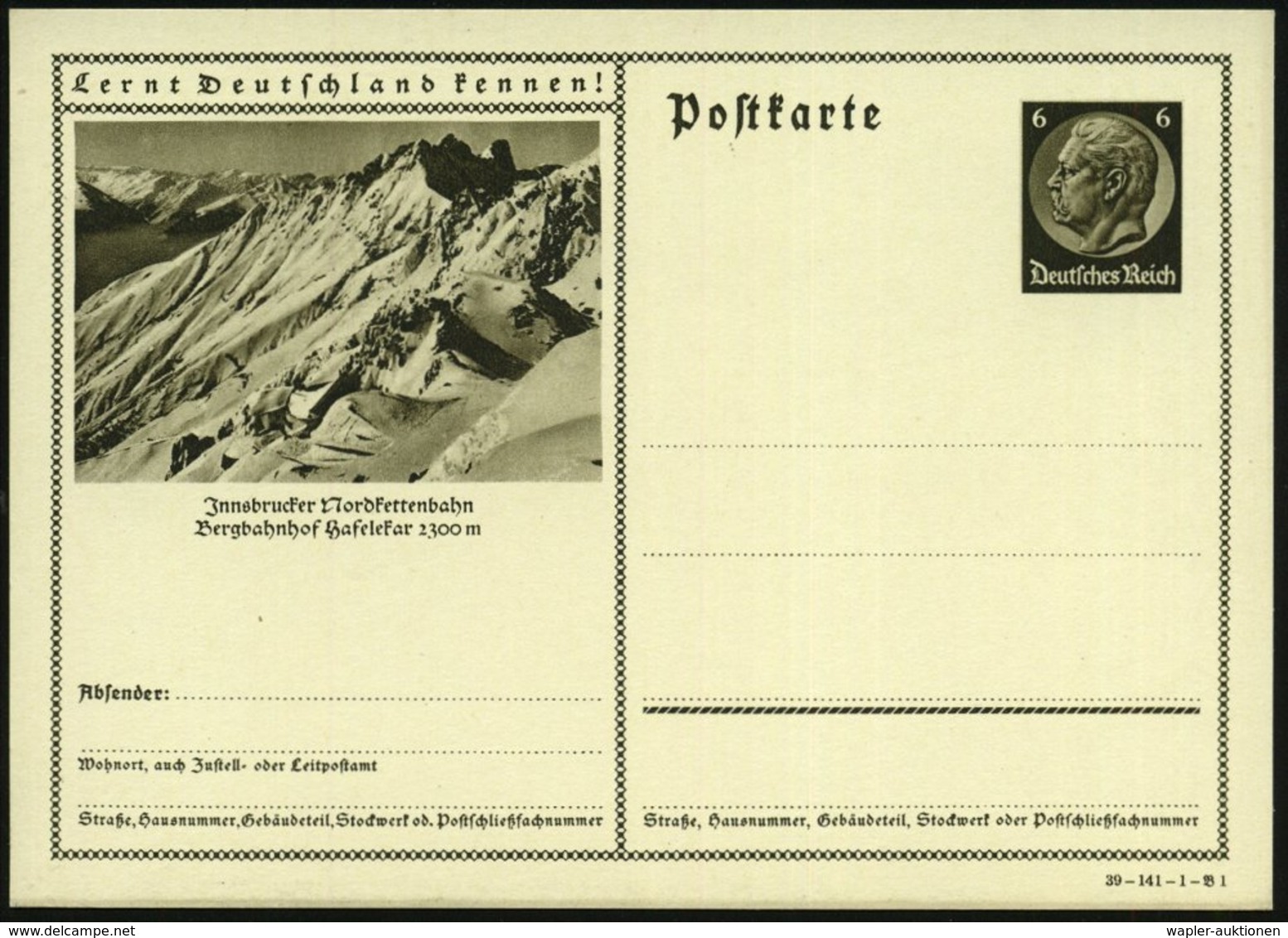 1939 Innsbruck, 6 Pf. Bild-Ganzsache Hindenbrg: Nordkettenbahn, Bergbahnhof Hafelekar, Ungebr. (Mi.P 236/39-141-1-Bild 1 - Other & Unclassified