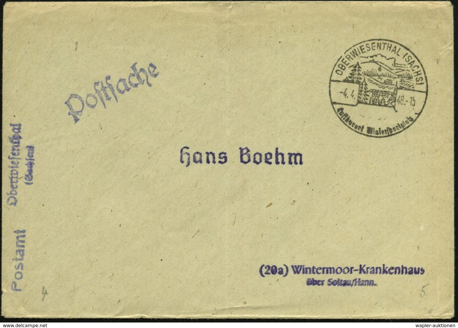 1948 (4.4.) OBERWIESENTHAL, Handwerbestempel Wintersportplatz = Landschaft Mit Seilbahn + Abs.: Postamt Oberwiesenthal ( - Sonstige & Ohne Zuordnung