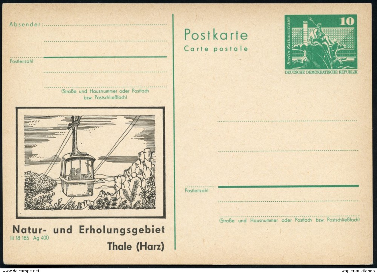 1979 Thale (Harz), 10 Pf. Amtl. Ganzsache Neptunbrunnen + Zudruck: Seilbahn, Ungebr. (Mi.PZD 79) - Seil- & Bergbahnen /  - Other & Unclassified