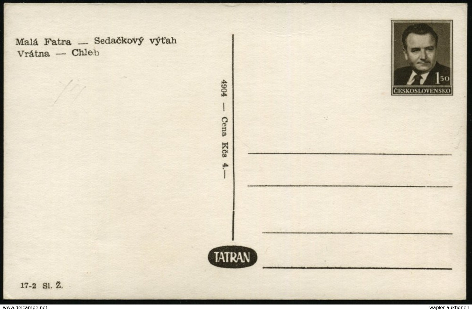 1952 TSCHECHOSLOWAKEI, 1,50 Kc. Bildganzsache Gottwald: Mala Fatra Mit Sessellift, Ungebr. (Pofis CPH.20/27) - Seil- & B - Other & Unclassified