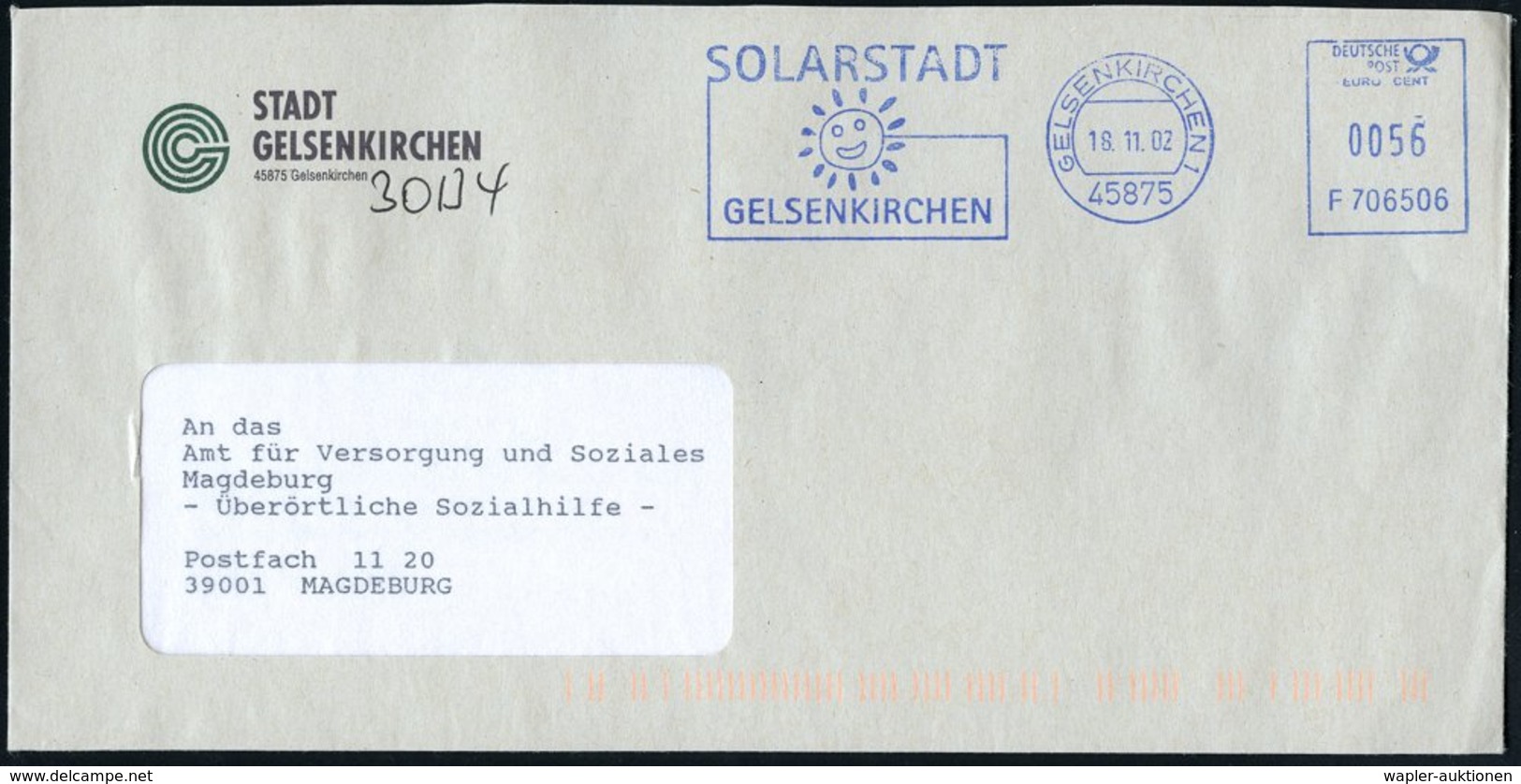 2001/02 45875 GELSENKIRCHEN 1, Roter Und Blauer Kommunaler Absender-Freistempel; SOLARSTADT.. (= Jeweils Sonne) Je Auf K - Other & Unclassified