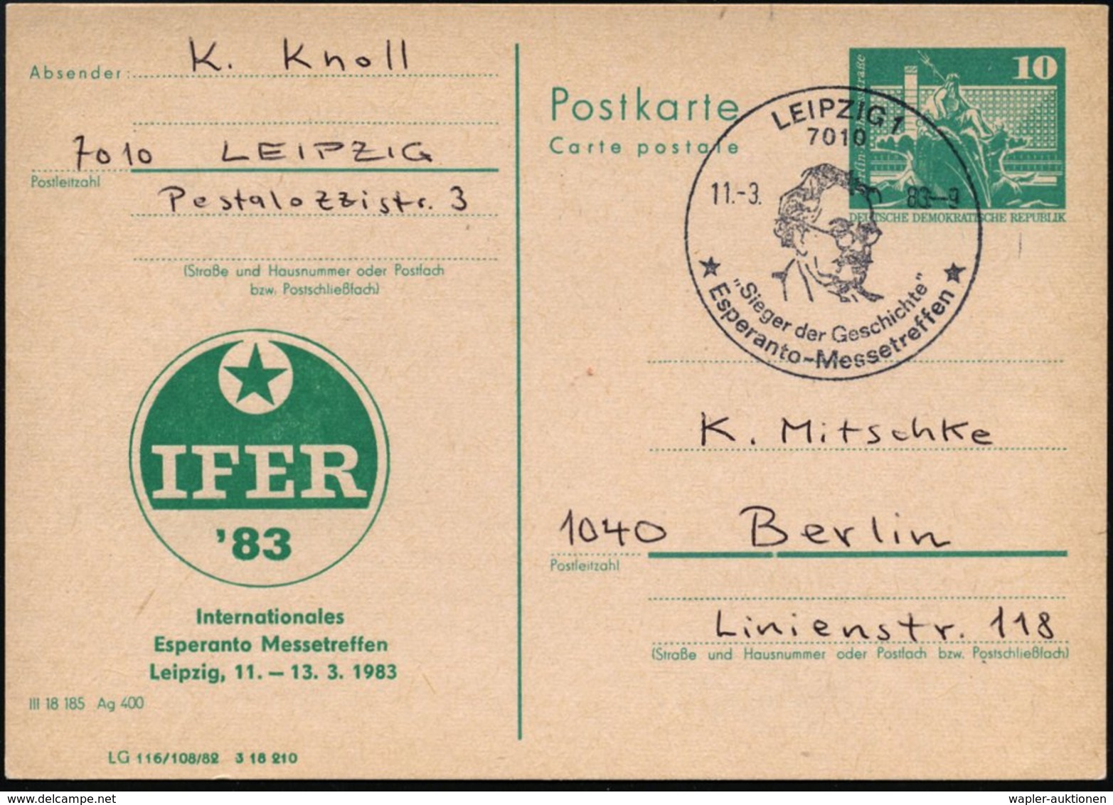 1983 (11.3.) 7010 LEIPZIG 1, Sonderstempel IFER "Internat. Esperanto Messetreffen" Auf Amtl. Ganzsache 10 Pf. Neptunbrun - Other & Unclassified