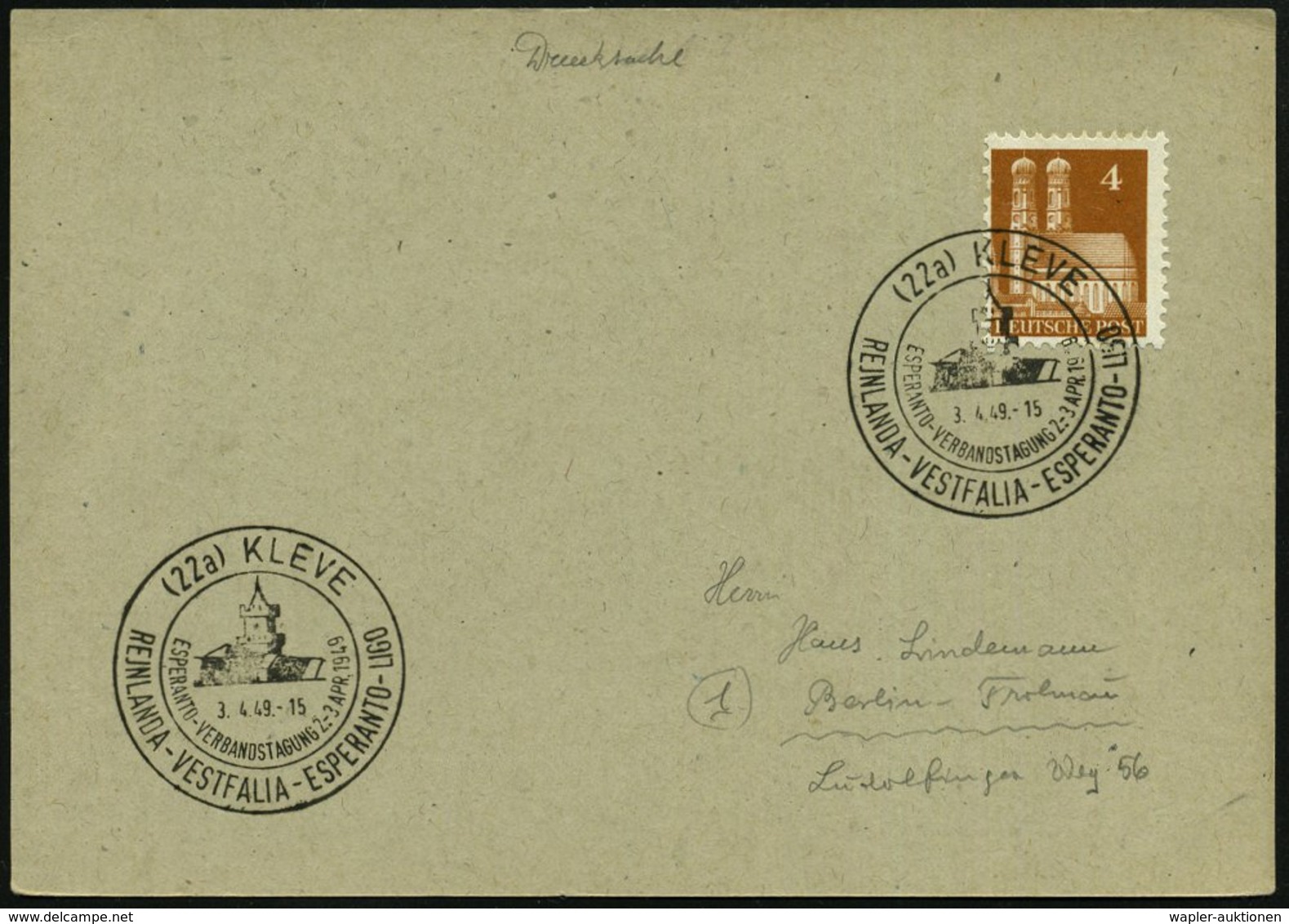 1949 (3.4.) (22 A) KLEVE, Sonderstempel ESPERANTO-VERBANDSTAGUNG (Turm), Inl.-Karte (Bo.9) - Esperanto - Other & Unclassified