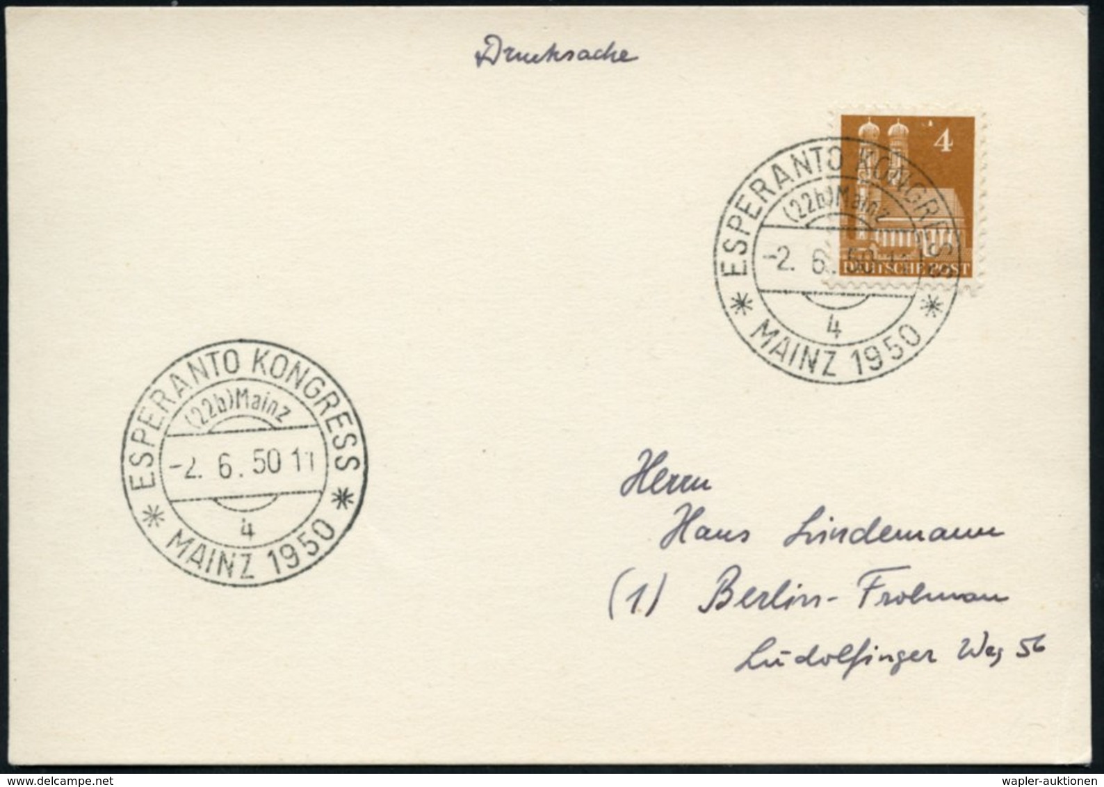 1950 (2.6.) (22 B) MAINZ 4, Sonderstempel ESPERANTO KONGRESS, Inl.-Karte (Bo.32) - Esperanto - Other & Unclassified