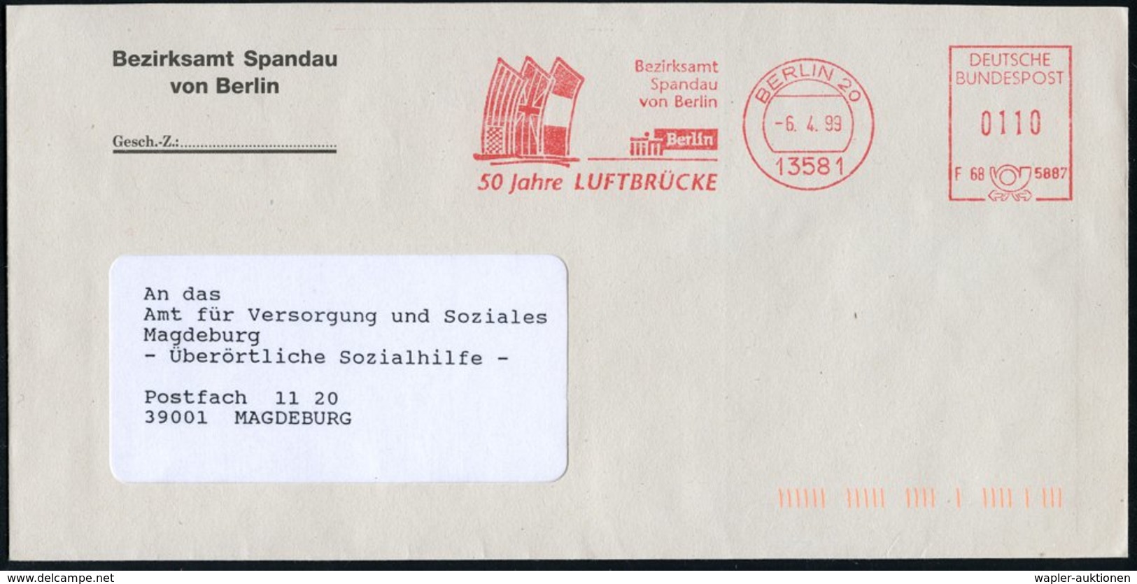 1999 13581 BERLIN 20, Jubil.-Absender-Freistempel: 50 Jahre Lüftbrücke (Flaggen Der West-Alliierten) Kommunalbrief - Eur - Other & Unclassified