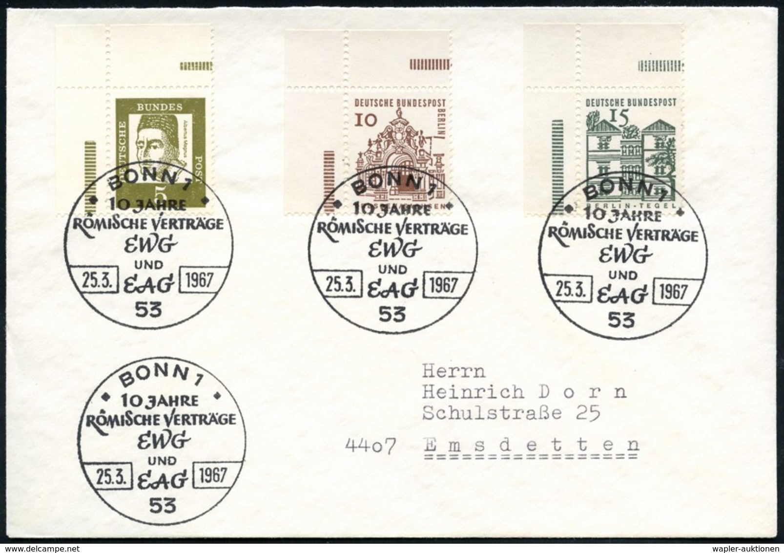 1968 (25.3.) 53 BONN 1, 10 JAHRE RÖMISCHE VERTRÄGE.., 4x Auf Inl.-Brief - Europäische Geschichte / European History / Hi - Other & Unclassified