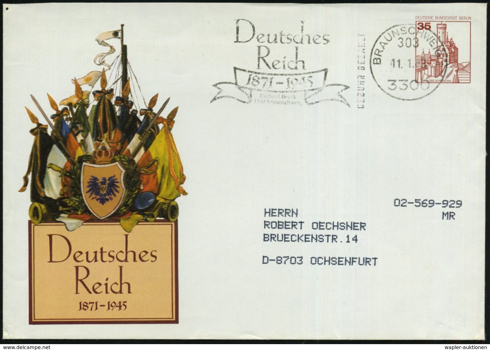 1983 (11.1.) 3300 BRAUNSCHWEIG 1, Absenderstempel (= Vorausentwertung): Deutsches Reich 1871-1945 Auf Passendem PU 35 Pf - Other & Unclassified