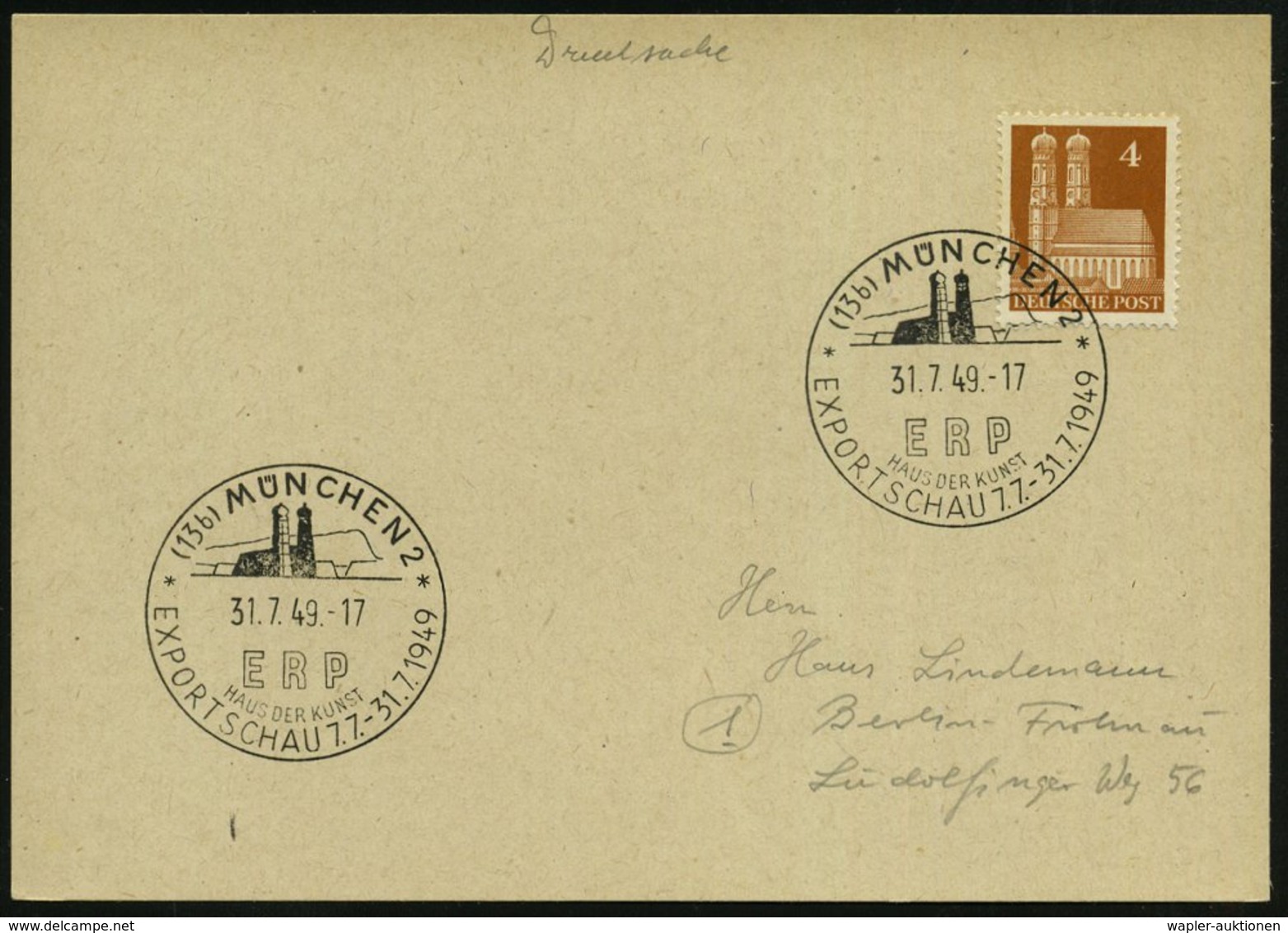 1949 (31.7.) (13 B) MÜNCHEN 2, Sonderstempel: E R P, EXPORTSCHAU (Frauenkirche) Inl.-Karte (Bo.213) - Europäische Geschi - Other & Unclassified