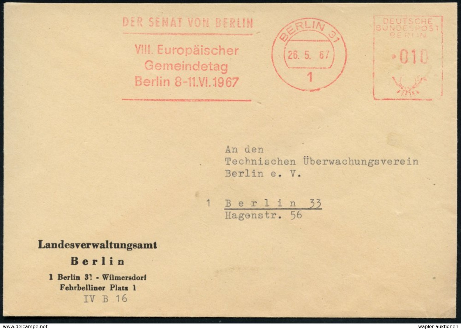 1967 (26.5.) 1 BERLIN 31, Absender-Freistempel: VIII. Europäischer  Gemeindetag.. (Berliner Senat), Dienstbf.: Landesver - Sonstige & Ohne Zuordnung