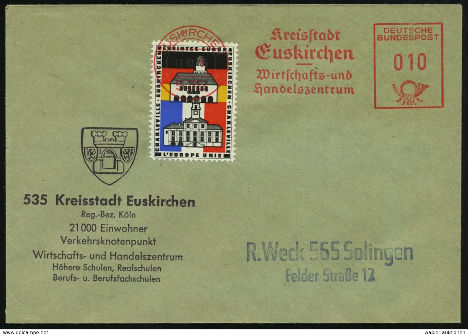 1965 (12.10.) 535 EUSKIRCHEN, Kommunaler Absender-Freistempel Auf Europa-Vignette (Partnerschaft Mit Charleville) Kommun - Sonstige & Ohne Zuordnung