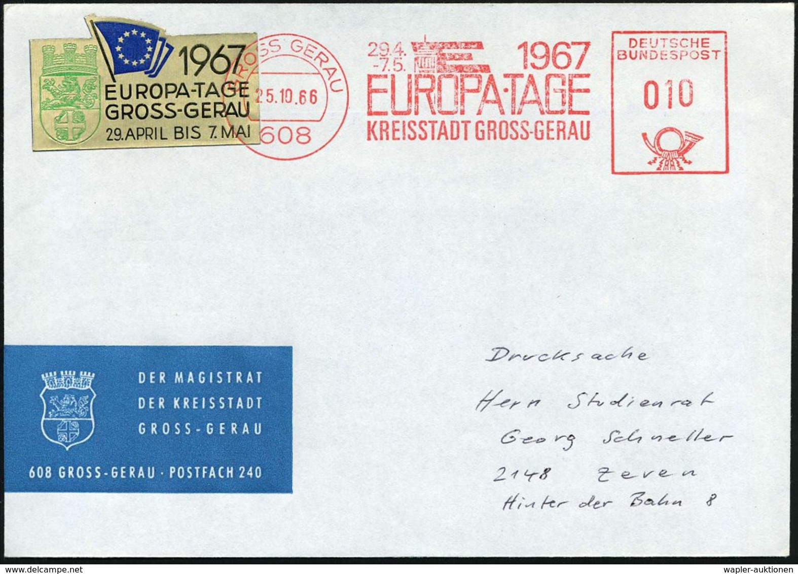 1966 (25.10.) 608 GROSS GERAU, Kommunaler Sonder-Freistempel: EUROPA-TAGE 1967 (alte Europa-Flagge) Auf Gold-Vignette (n - Other & Unclassified