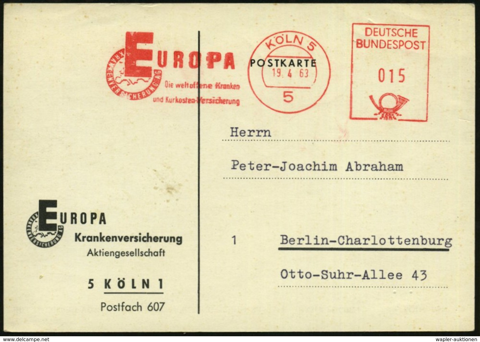 1963 (19.4.) 5 KÖLN 5, Absender-Freistempel: EUROPA Krankenversicherung ("E" Vor Europakarte) Motivgleiche Firmenkarte - - Other & Unclassified