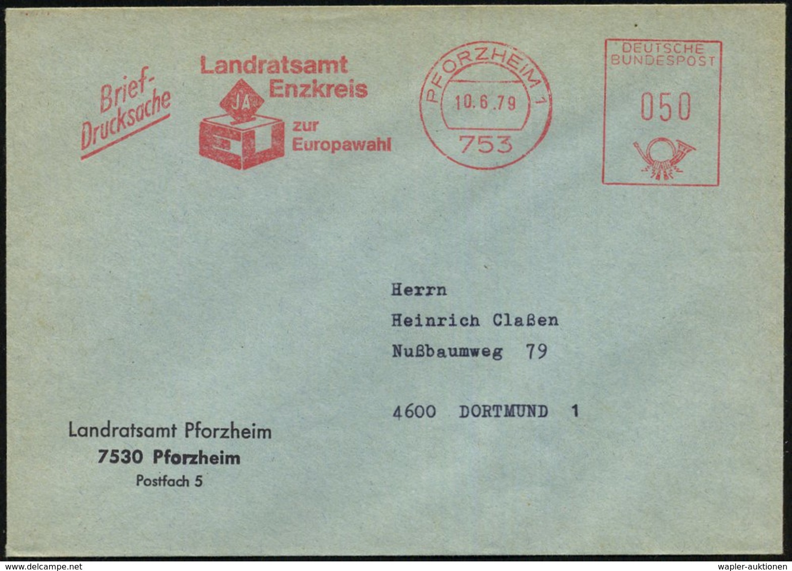 1979 (10.6.) 753 PFORZHEIM 1, Kommunaler Absender-Freistempel  Zur Europawahl 1979 (Wahlurne) Kommunalbrief - Europa-Uni - Other & Unclassified